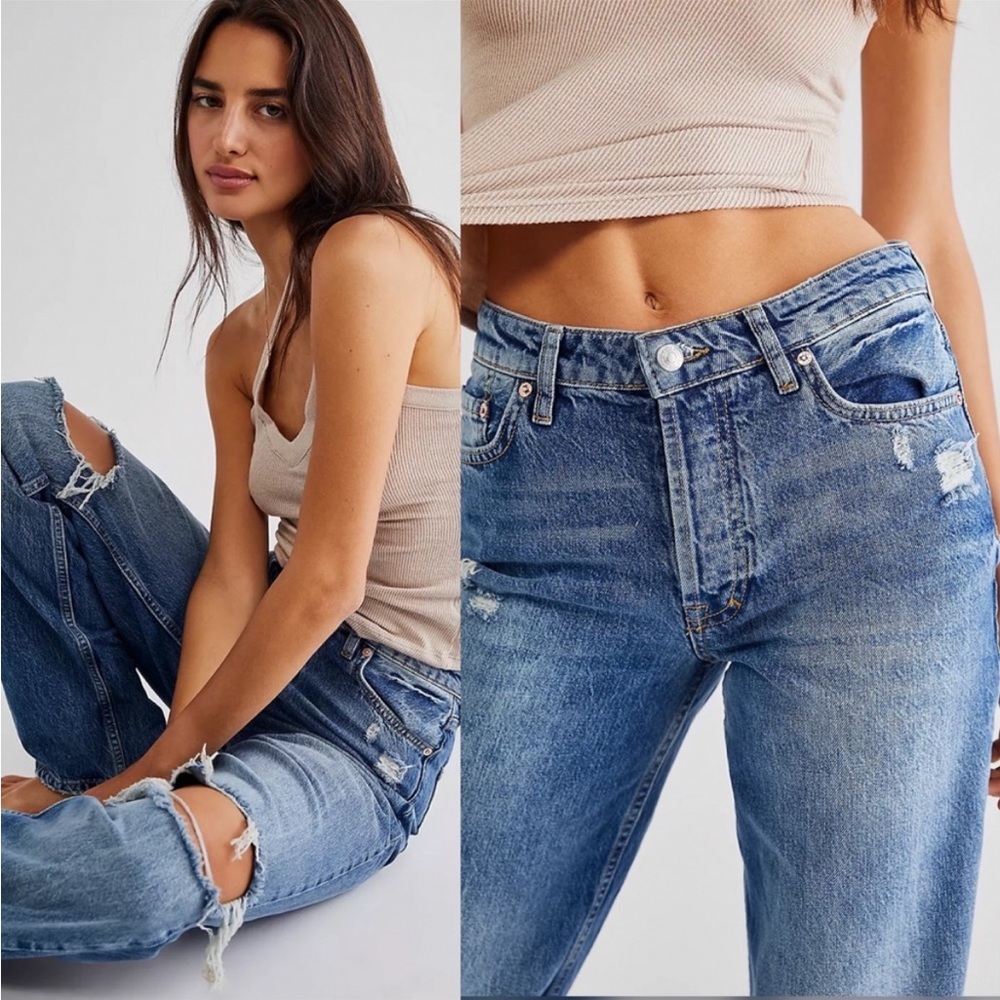 Free People Wild Flower Slouchy Jeans Pacific Blue Button Fly Raw Hem Size 26
